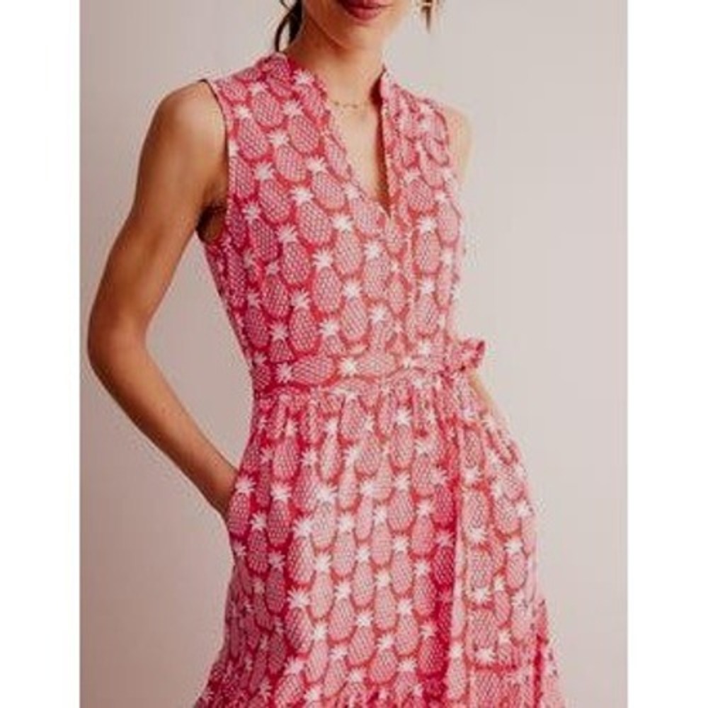 Boden Naomi Pineapple Print Tiered‎ Maxi Dress Sleeveless Belted Pockets US 6R